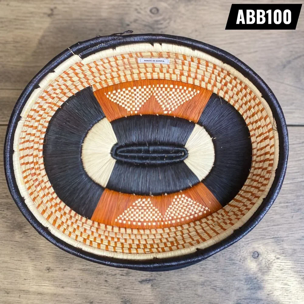 Handmade Kenyan Woven Sisal Basket 11x13 Oval Geometric Boho Bread Bowl Wall Art